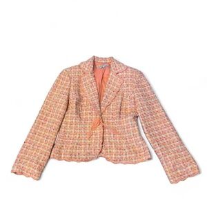Ice Pink peachy coquette silk tweed blazer with lace scalloped edges